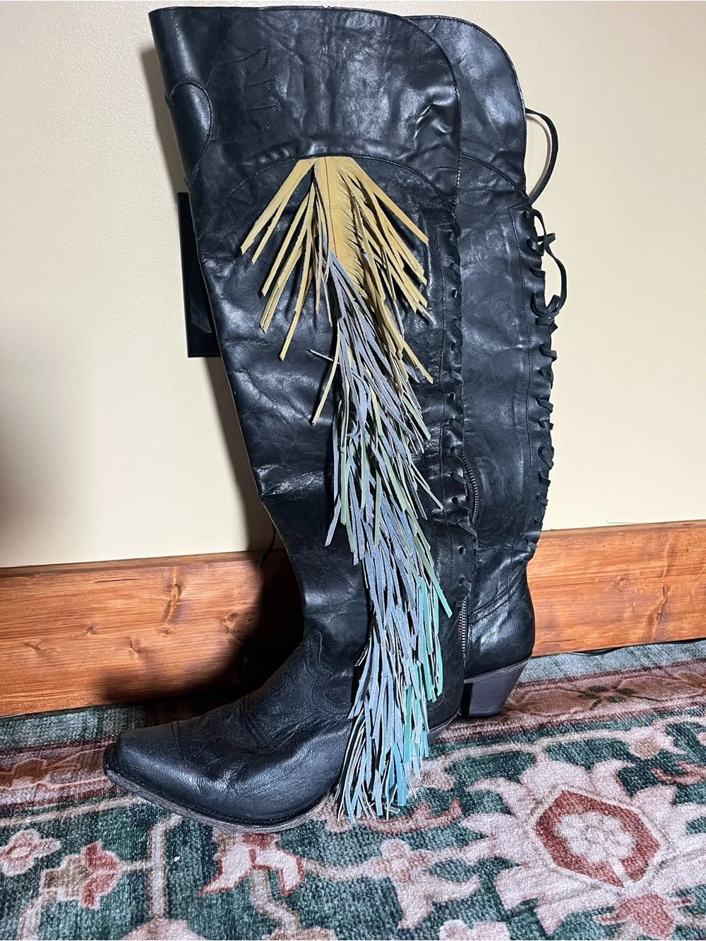 Over-the-Knee Black Fringe Western Boots with Multicolor Tassel Detail
